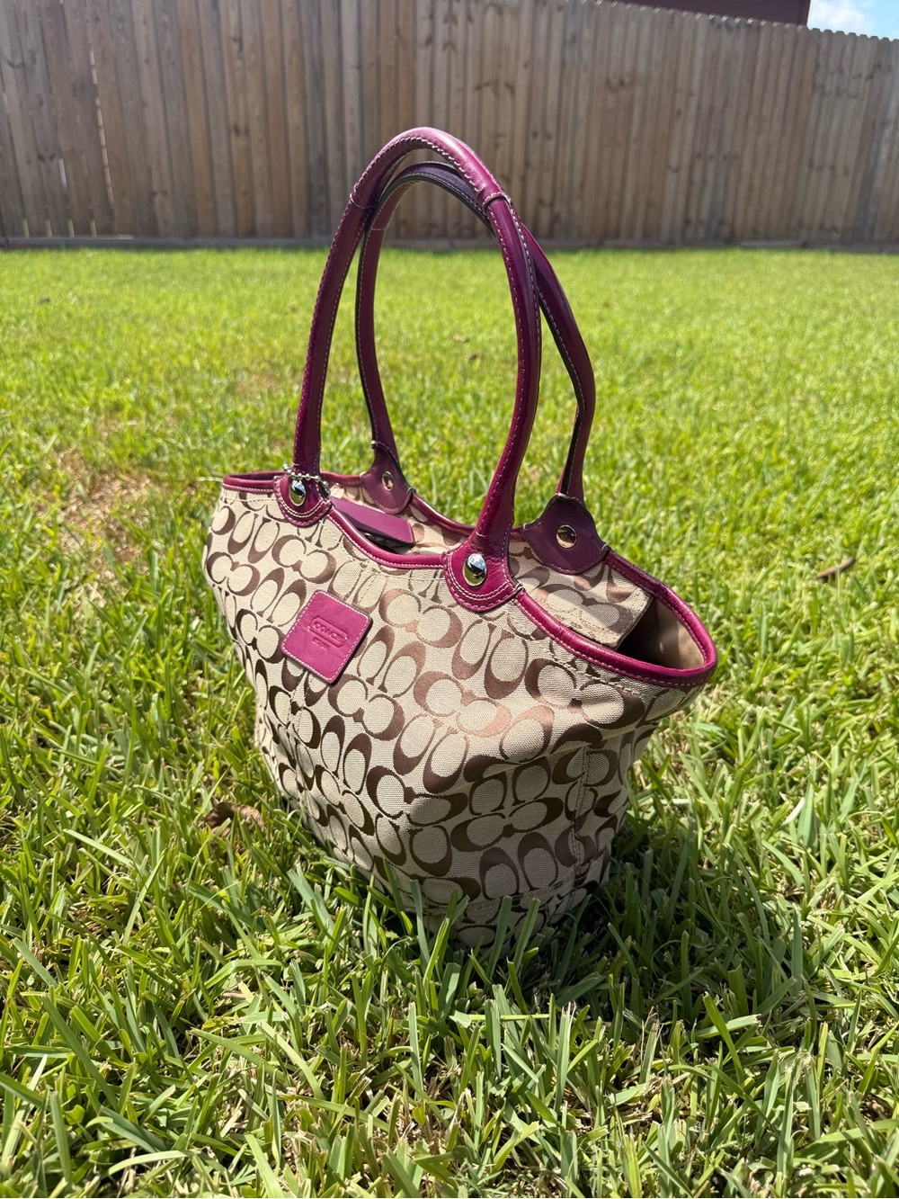 Coach Beige Signature Canvas Shoulder Bag with Pink Trim